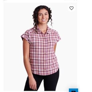 KUHL Womens Wylde Small Plaid Button Down Short Sleeve Shirt Burgundy Pink